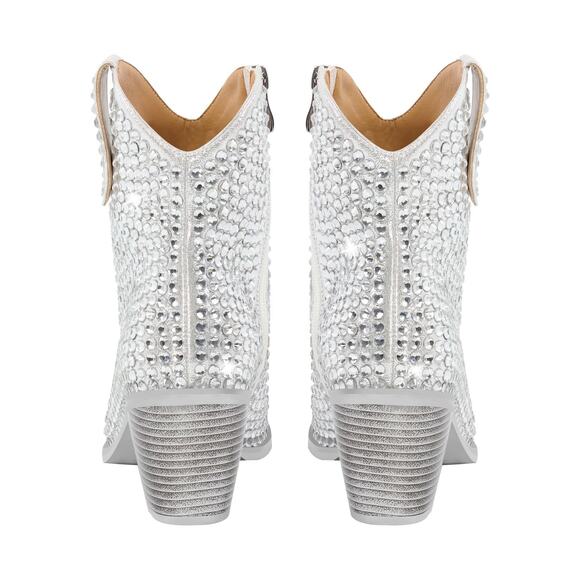 Onlymaker Rhinestone Pointed Toe Chunky Heel Ankle Boots - 12 - Picture 4 of 5